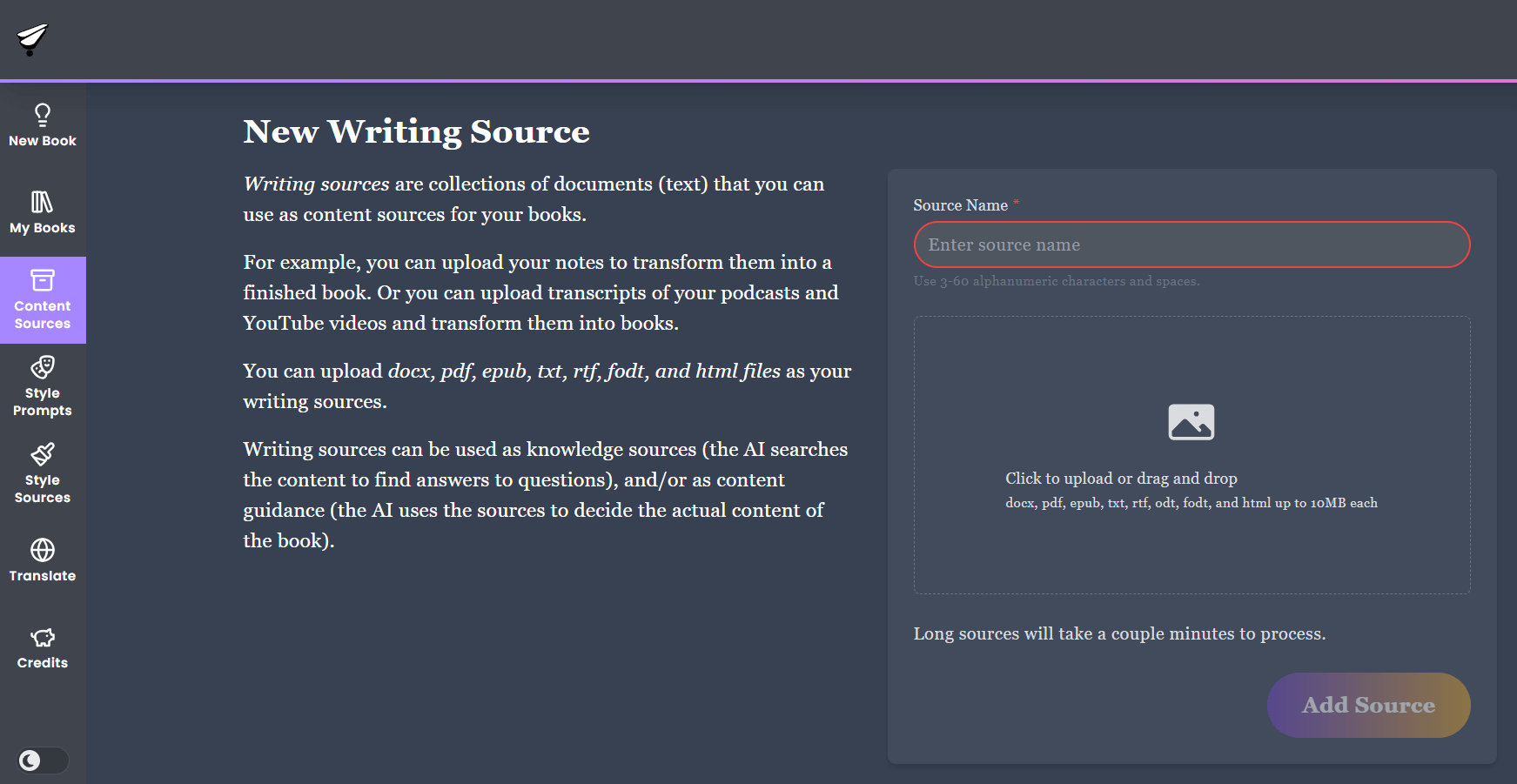 Upload source content interface